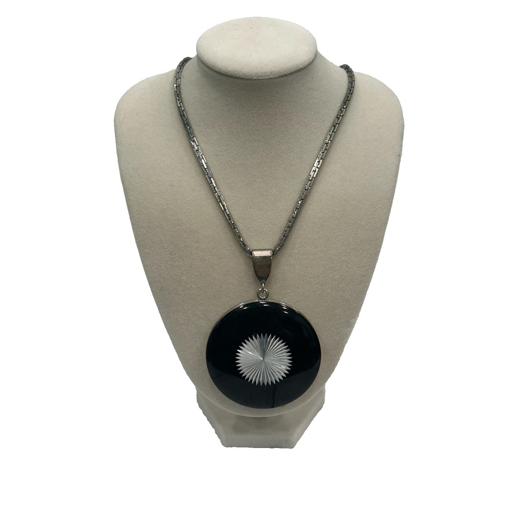 Vtg Black Silver Tone Starburst Locket Pendant Necklace 18"‎ Mid Century Modern